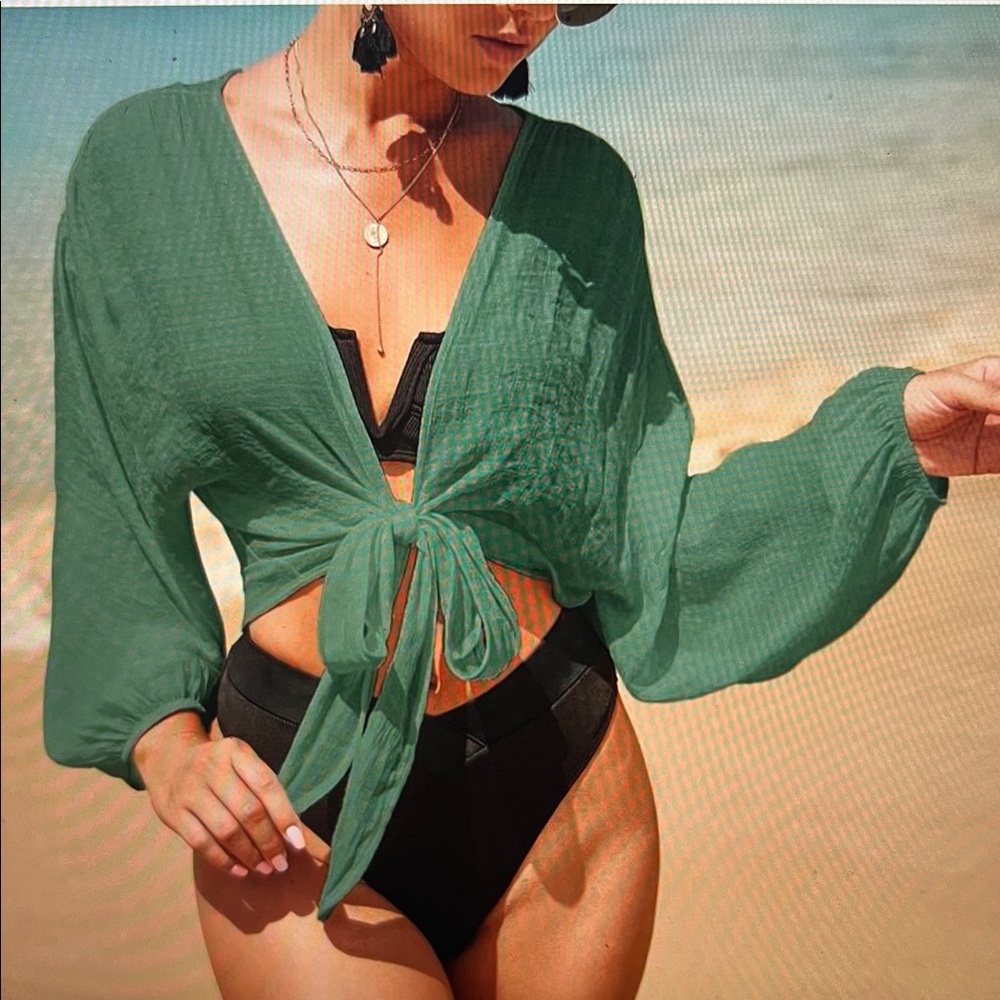 SHEIN Teal Tie-Front Blouse